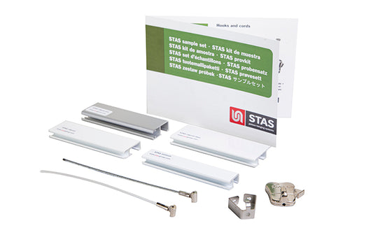 STAS Kit de amostras: amostras de calhas, penduradores e cabos, com desconto de 5€ na próxima compra.