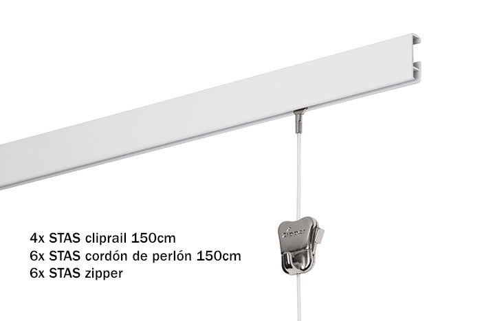 Kit inicial: STAS cliprail 600 cm (4x150 cm) branco + 6x STAS cobra perlón cordão 150cm + 6x STAS zipper