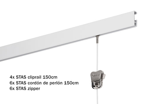 Kit inicial: STAS cliprail 600 cm (4x150 cm) branco + 6x STAS cobra perlón cordão 150cm + 6x STAS zipper