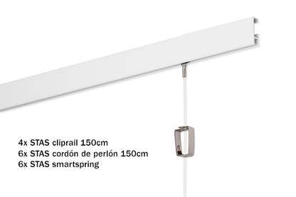Kit inicial: STAS cliprail, calha para pendurar quadros con cobra cordão perlón 150 cm, fácil instalação.